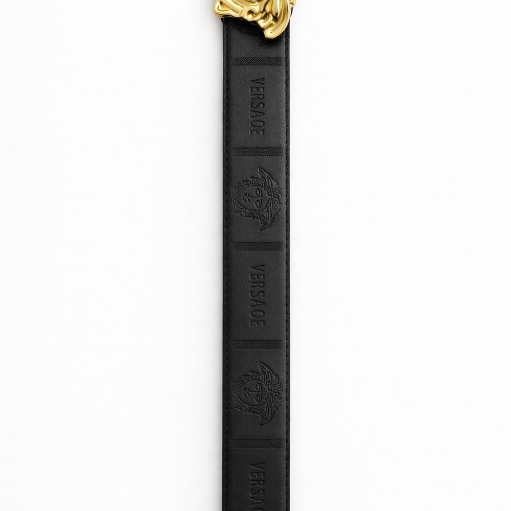 Versace Black Belt with Gold Medusa Buckle